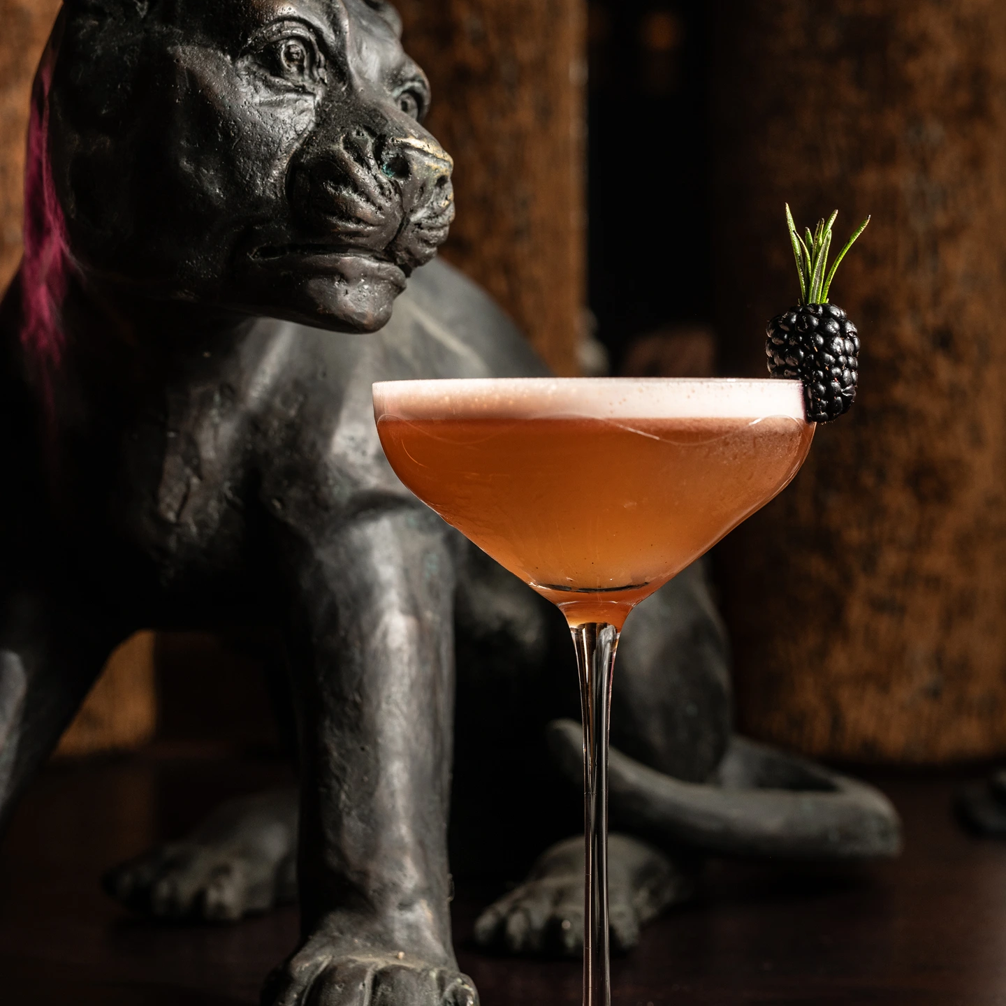 Lazy Lion Coctail Bar interior close up photo with cocktail